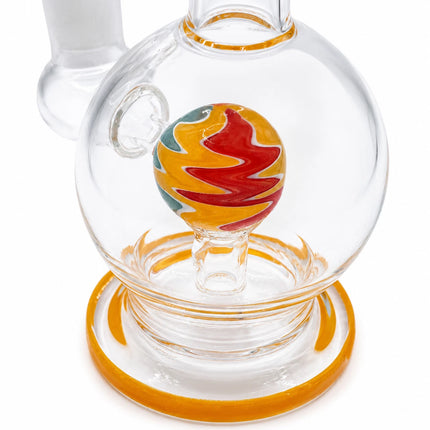 Detailed chamber view highlighting the round orb percolator with red-and-yellow flame-style glass accent inside