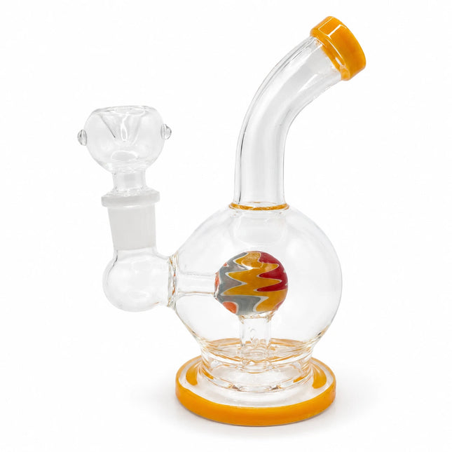Front studio view showing the clear glass body, amber base and mouthpiece accents, 14mm bowl, and spherical perc chamber