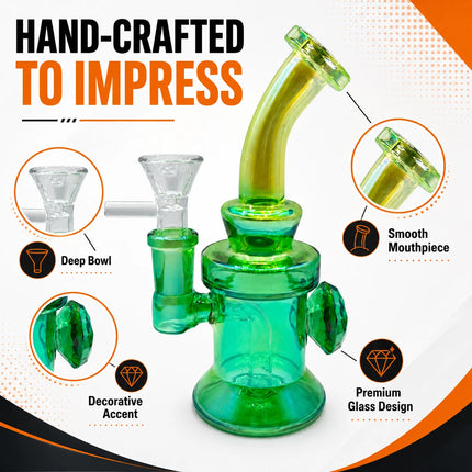 Handcrafted product infographic featuring the emerald chrome mini water pipe with detail callouts for its curved neck, 14mm joint, and diamond-style accents