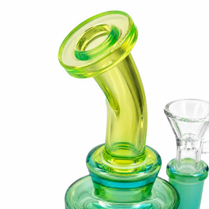 Macro view of the lime green curved mouthpiece with glossy chrome glass and flared rim