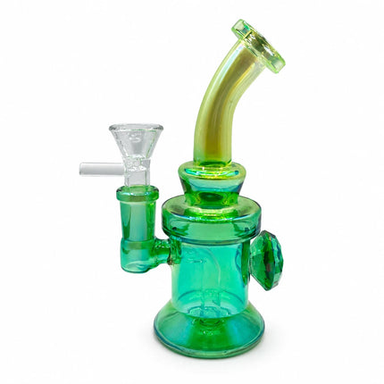Front studio view of the 6.5-inch green glass water pipe showing the 14mm bowl, curved neck, and glossy chrome finish