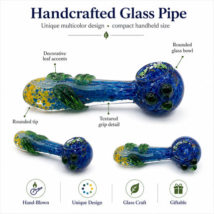 Handcrafted glass pipe infographic with multiple views highlighting the thick construction, swirl patterns, decorative accents, and spoon-style design