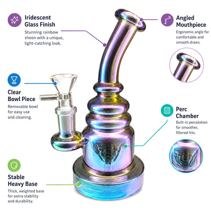 Product infographic highlighting the 8-inch iridescent bong’s bent neck, 14mm joint, chrome finish, and key glass features