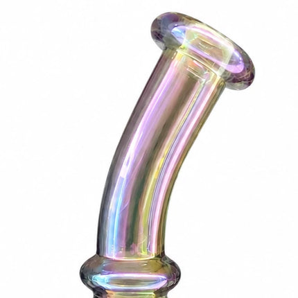 Detailed view of the bent mouthpiece showing the flared rim and shifting purple, gold, and blue chrome tones