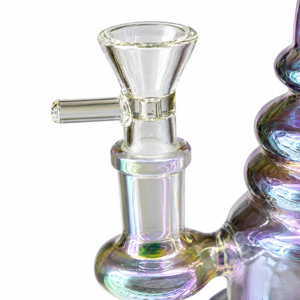 Macro view of the clear 14mm bowl and joint beside the sculpted chrome glass body