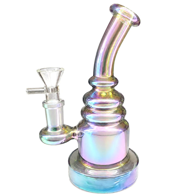 Full studio view of the 8-inch rainbow chrome glass bong showing its curved neck, compact base, and 14mm bowl