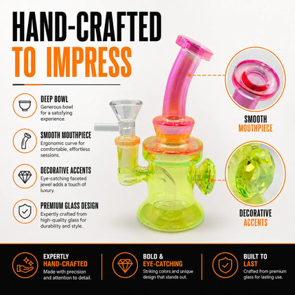 Product infographic for the neon yellow pink diamond mini bong showing key features, dimensions, and included 14mm bowl