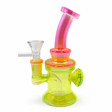 Full product view of the 6.5-inch neon yellow pink diamond mini bong with bent neck, 14mm bowl, and compact glass base
