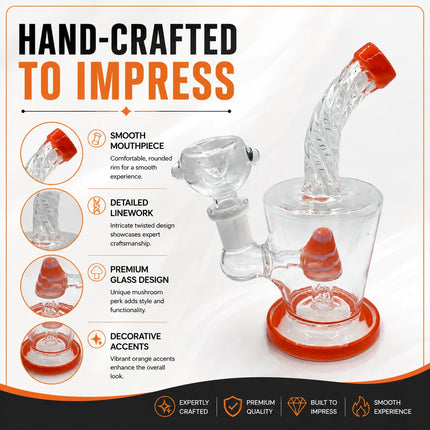 Handcrafted product infographic showing the 6.5-inch mini water pipe with cone perc, 14mm joint, orange accents, and feature callouts