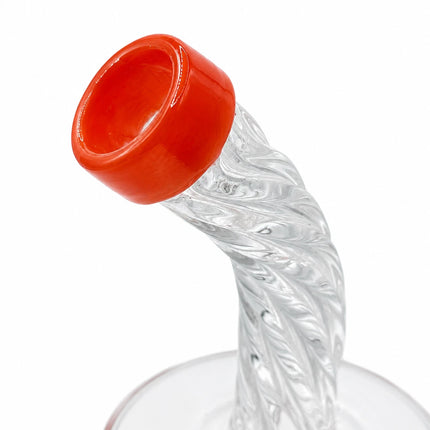 Macro view of the curved clear mouthpiece with bright orange rim and textured glass neck