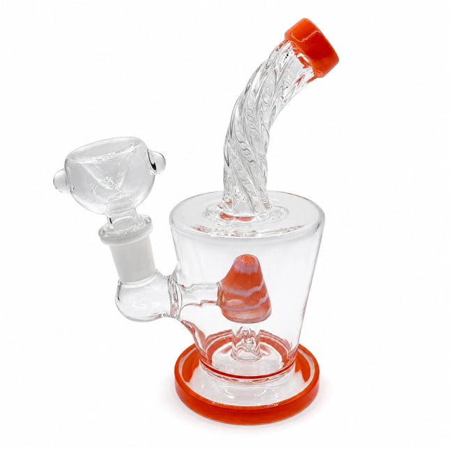 Front studio view showing the compact clear chamber, curved neck, orange base rim, and 14mm bowl connection