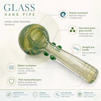 Glass pipe infographic featuring close-up details of the honeycomb swirl design, raised green accents, and handcrafted construction
