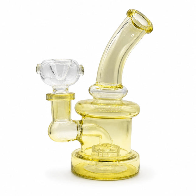 Front studio view of a compact gold-tinted mini bong with bent neck, 14mm bowl, and round clear base