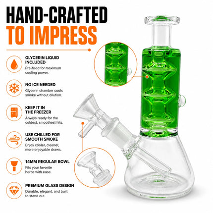 Infographic image of the Emerald Glycerin Stack Glass Beaker Water Pipe highlighting the 14mm joint, beaker base, and compact size