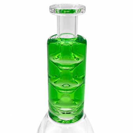 Close-up of the green stacked chamber showing the layered glycerin design and clear glass detailing