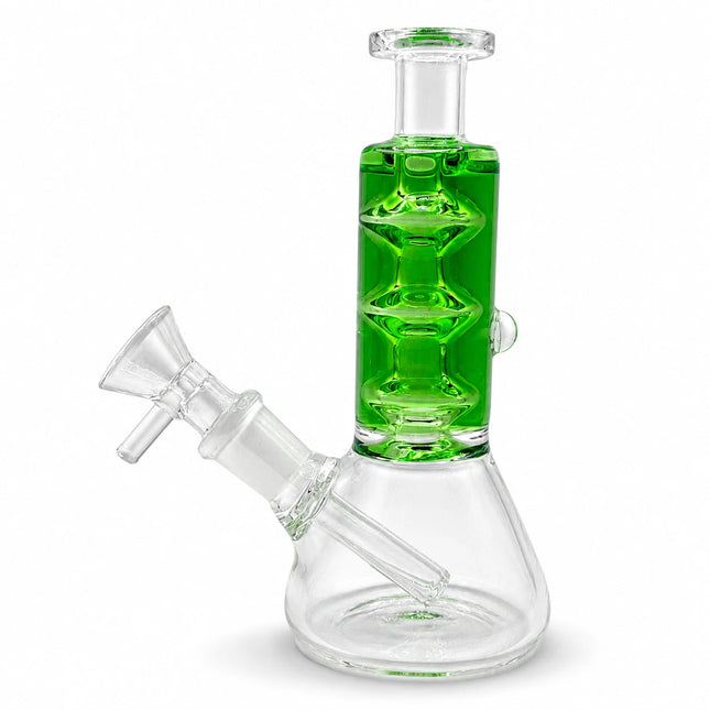 Front view of a 6-inch emerald glass beaker water pipe with 14mm bowl and stacked glycerin chamber