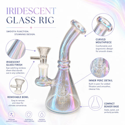 Infographic image of the Crystal Iridescent Chrome Beaker Glass Water Pipe highlighting the 14mm joint, bent neck, and 8-inch size