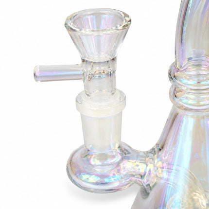 Close-up of the 14mm bowl and joint connection on the crystal iridescent chrome beaker water pipe