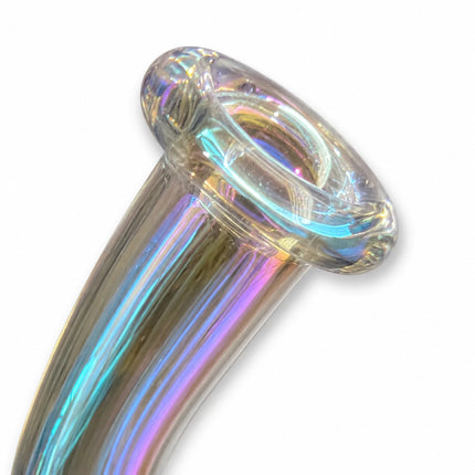 Close-up of the bent neck and flared mouthpiece showing the iridescent chrome finish