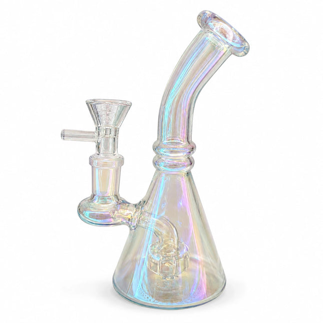 Front view of an 8-inch crystal iridescent chrome beaker glass water pipe with 14mm bowl on a white background
