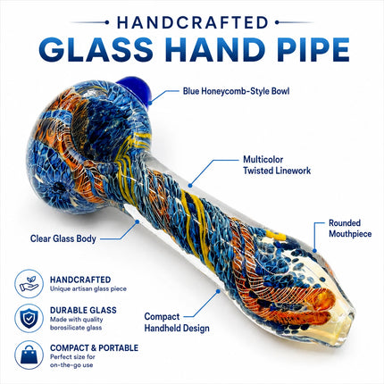 Product infographic featuring the sapphire blue glass hand pipe with callouts for the web twist pattern, marble accent, and handcrafted details