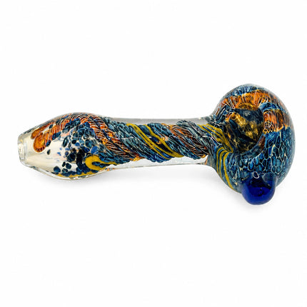 Horizontal side profile emphasizing the compact spoon shape, tapered mouthpiece, and layered blue-yellow glasswork