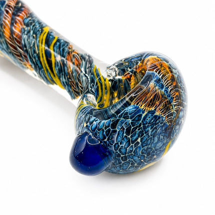 Reverse close view showing the twisted glass pattern, raised blue marble accent, and textured bowl section