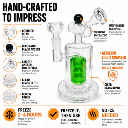 Handcrafted product infographic featuring the 8-inch green glycerin chamber bong with 14mm bowl and key design details