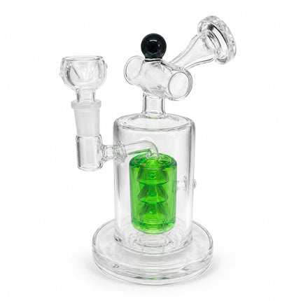 Alternate front perspective highlighting the compact upright shape, internal green glycerin section, and clear glass fittings