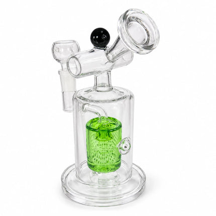 Three-quarter angle showing the transparent cylindrical body, green cooling chamber, clear base, and side bowl connection