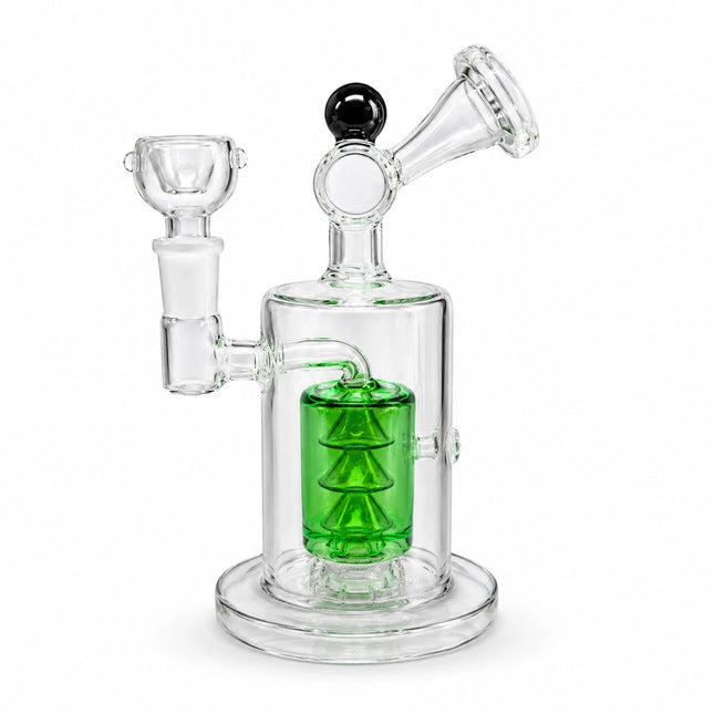 Front view of an 8-inch clear glass water bong with bright green glycerin chamber, 14mm bowl, and angled mouthpiece