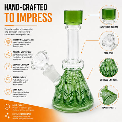 Product infographic for the Green Fluted Mini Glass Water Bong Pipe 14mm 6.5 Inch with feature callouts and multiple views