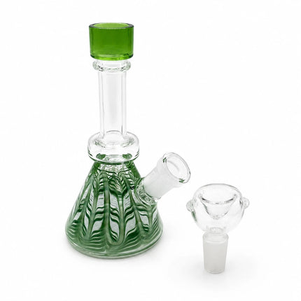 Green fluted mini glass bong shown with detached 14mm bowl, highlighting the compact 6.5 inch setup