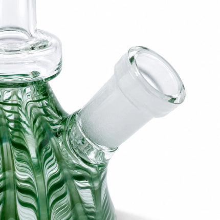 Detailed side view of the angled 14mm joint and bowl connection on the green fluted mini water pipe
