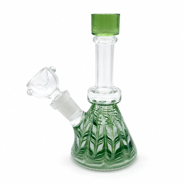 Front view of a 6.5 inch mini glass bong with emerald fluted base, straight clear neck, and removable 14mm bowl