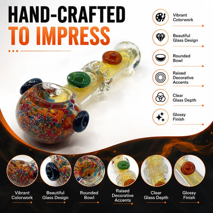 Handcrafted glass pipe infographic featuring multiple views and feature callouts for the Picasso-style 5-inch spoon pipe