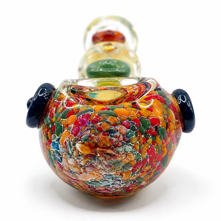 Front close-up of the rounded bowl highlighting dense red, blue, orange, and green glass flecks