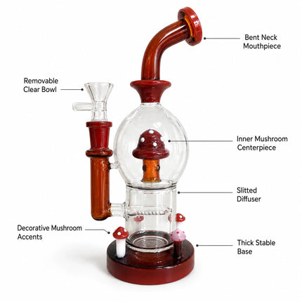 Infographic image of the red brown mushroom percolator glass water pipe highlighting the bowl, chamber, and overall 10-inch design