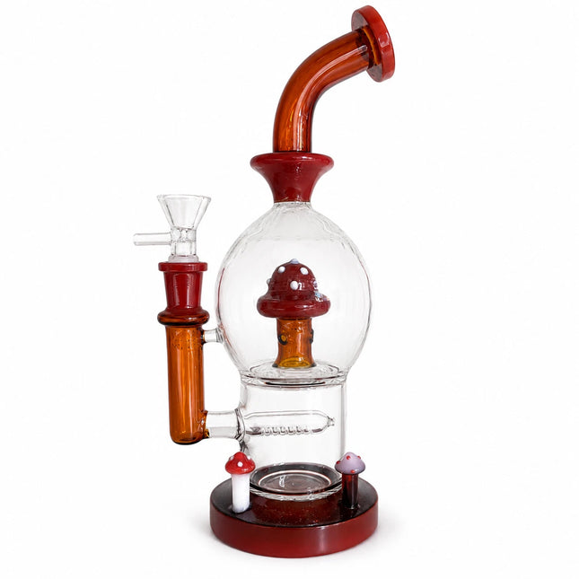 Red and brown mushroom percolator glass water pipe with bowl, shown in a full front view on a white background