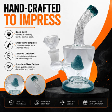 Product infographic for the teal cone perc mini glass water pipe showing key features, bowl size, and compact 6.5-inch design