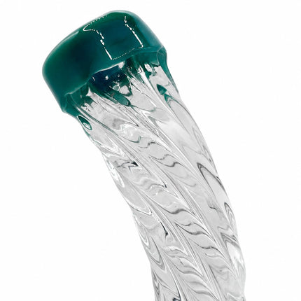 Detailed view of the angled neck with twisted glass tubing and a deep teal flared mouthpiece