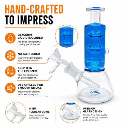 Product infographic for the cobalt glycerin stack glass water pipe showing feature highlights, chamber detail, and compact beaker design