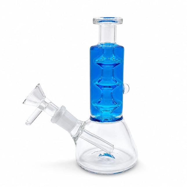 Front view of a 6-inch clear and cobalt glass water bong with stacked glycerin chamber and 14mm bowl on a white background