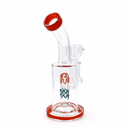 Angled product view showing the ruby-rimmed mouthpiece, curved clear neck, compact cylindrical chamber, and matching red base