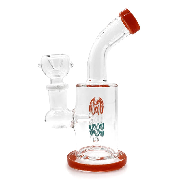 Front studio view of the 6-inch clear bong showing the 14mm bowl, curved neck, red base trim, and colorful center detail
