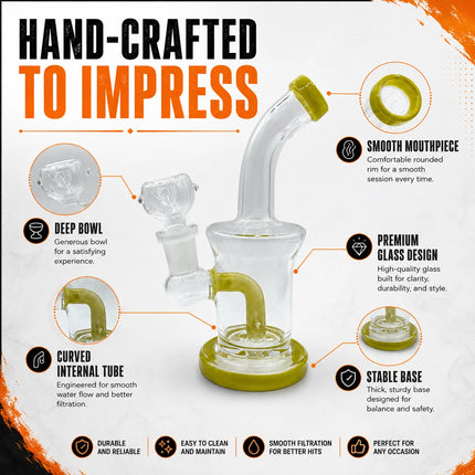 Infographic image showing the lime accent clear mini glass water pipe with feature callouts and product details