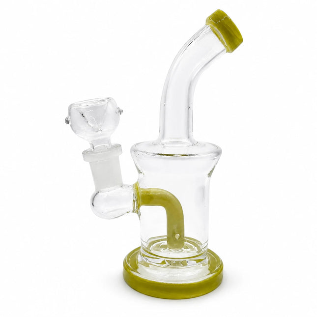 Front product view of a 6.5-inch clear glass water pipe with lime green base, bent neck, and 14mm bowl