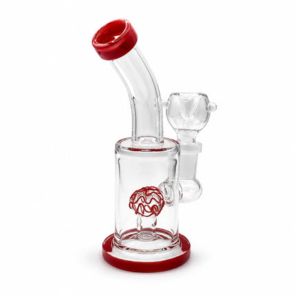 Small full-body product shot of the clear red mini bong with bent neck, red trim, and included bowl on white background