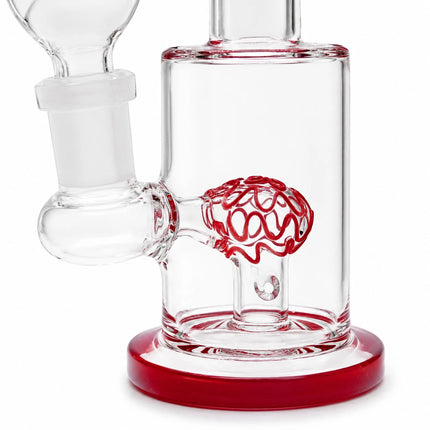 Side product view of the mini glass bong highlighting the red dome perc chamber and round red base