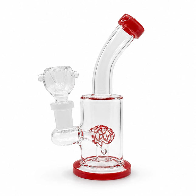 Front angled view of a 6-inch clear glass bong with red base, red mouthpiece tip, bent neck, and 14mm bowl